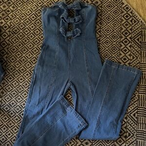 Fashion Nova Blue Denim Wide-Leg Jumpsuit